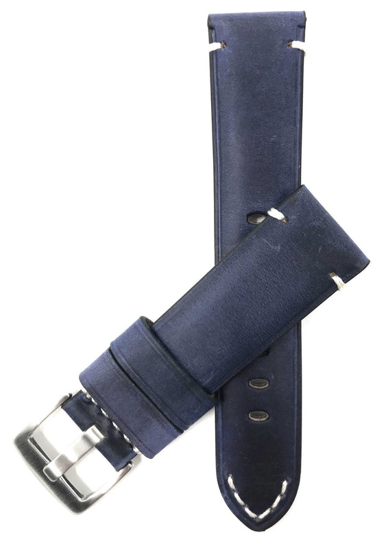 Bandini 22mm Blue Italian Leather Watch Band - Distressed - Padded 22mm / Blue / Silver Buckle |  Dial