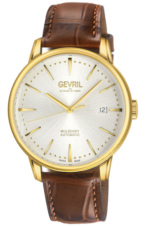 Mulberry Gevril Men's Mulberry SS Case, IPRG Bezel, White Dial with embossed textured, Brown Handmade Italian Leather Strap | White Dial