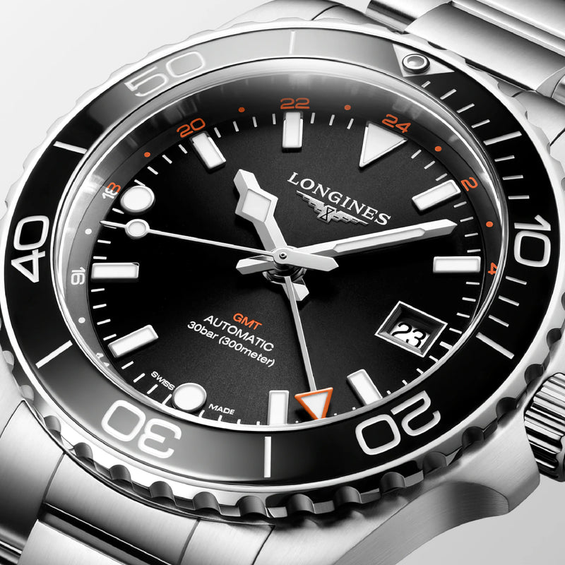 HYDROCONQUEST GMT Black / Stainless Steel | Black Dial
