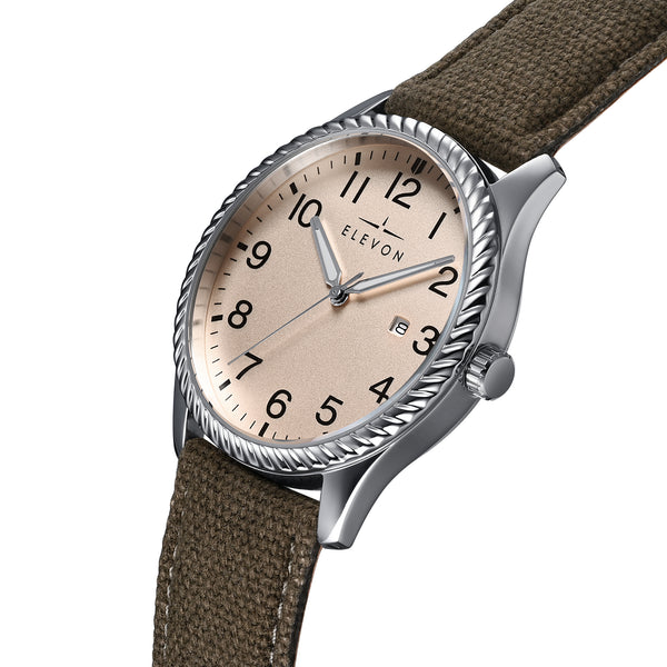 Crosswind Canvas-Overlaid Leather-Band Watch w/ Date Tan/Olive | Tan Dial