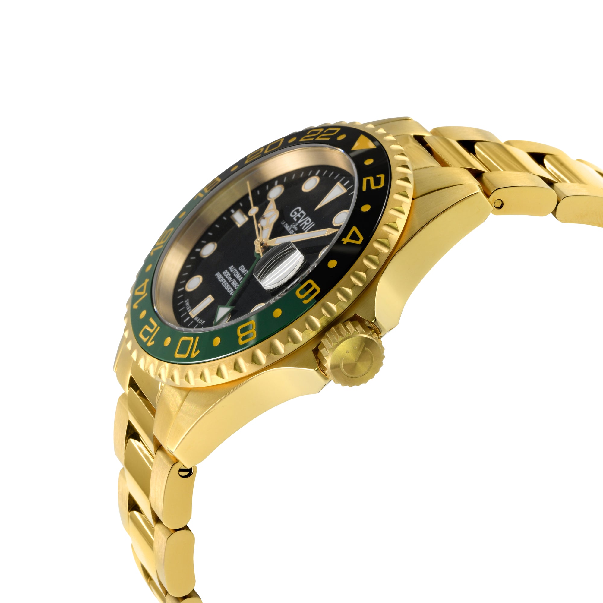 Wall Street Gevril Swiss Made SW330 IPYG Steel Rotating Bezel watch, Gold bezel, Black dial | Black Dial