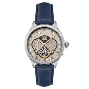 Baron Grand Date Calendar Open Heart Automatic Rose Gold / Blue Leather | Rose Gold Dial