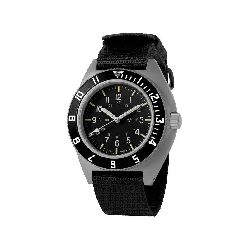 NAV, QUARTZ, SAPH, STE, COL: SS/BKBK NYLON 11" Black Sterile/Nylon | Black Dial