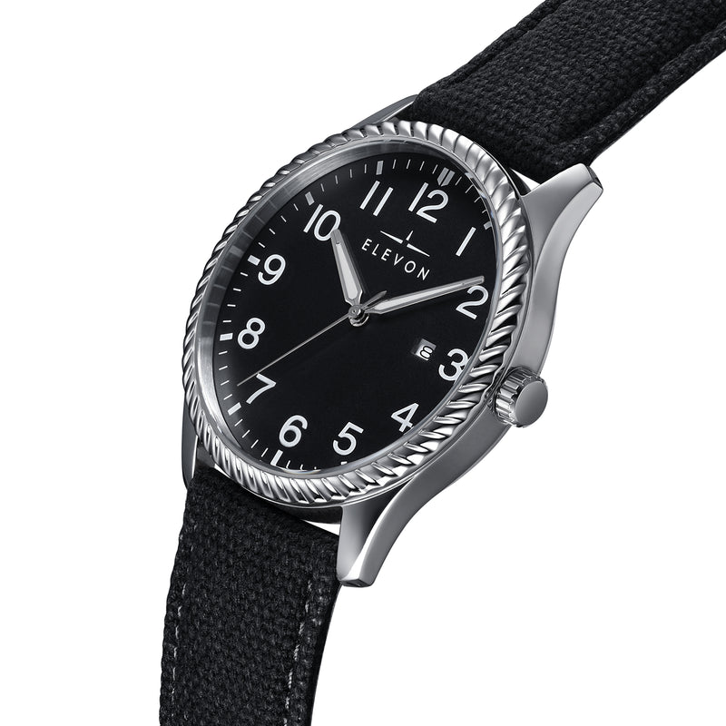 Crosswind Canvas-Overlaid Leather-Band Watch w/ Date Black | Black Dial