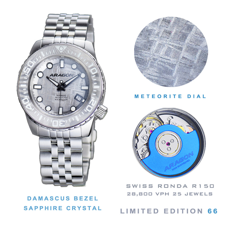 EVO Meteorite Swiss Automatic Limited Edition Titanium Damascus Bezel - Silver | Silver Dial