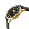 Guggenheim Gevril Men's Guggenheim Automatic IP Gold, Case, Black Dial, Genuine Italian Handmade Black Leather Strap with Black Stitching. | Black Dial