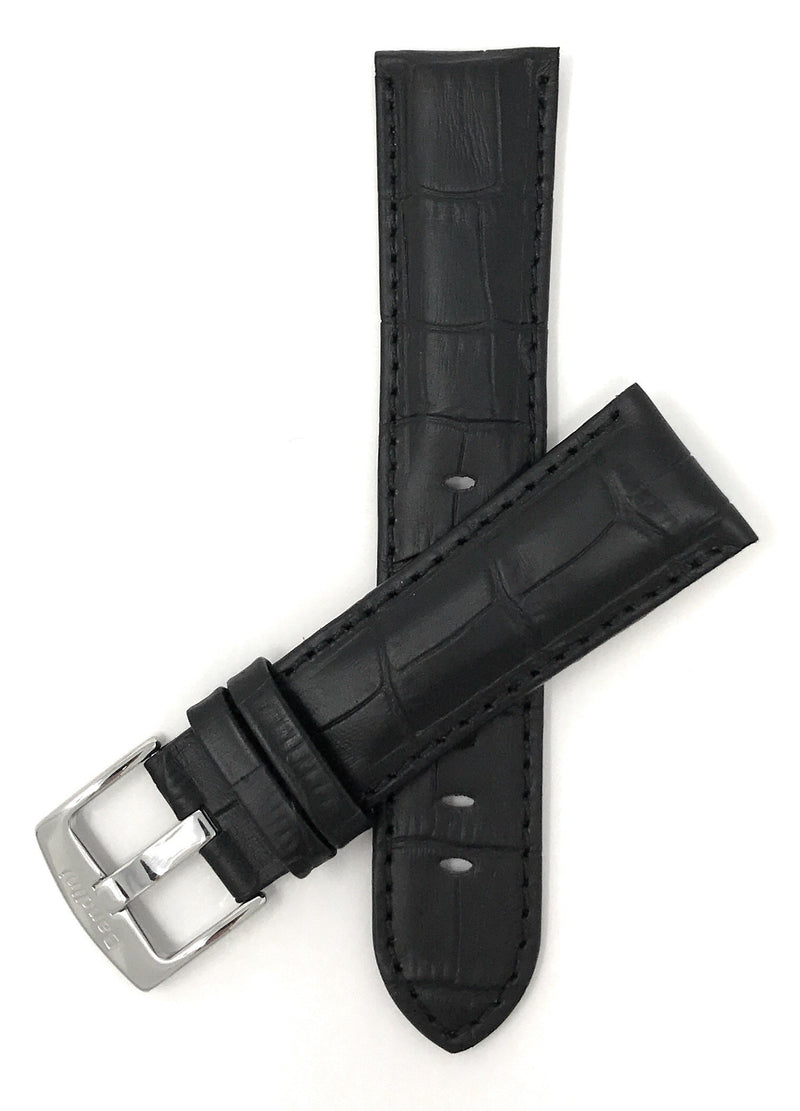 Bandini 24mm Black Italian Leather Watch Band - Alligator Pattern - Semi-Padded 24mm / Black / Silver Buckle |  Dial