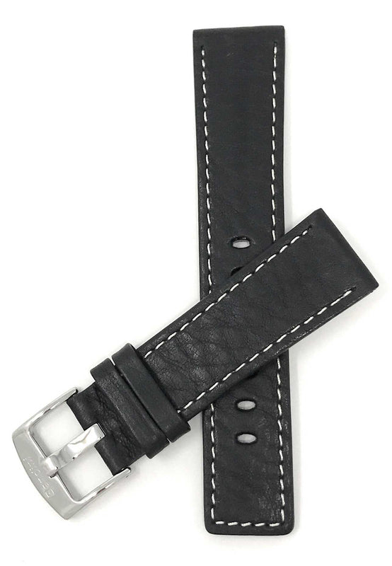 Bandini 24mm Black Italian Leather Watch Band - Classic - White Stitch -  Semi-Padded 24mm / Black / Silver Buckle |  Dial