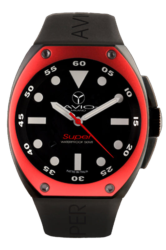 Avio Black, IP Black Rubber red bezel | Black Dial