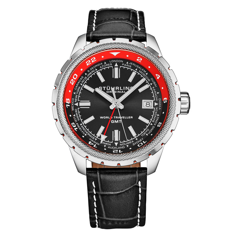 Global Voyager GMT 42mm World Timer Watch Black/Red | Black Dial