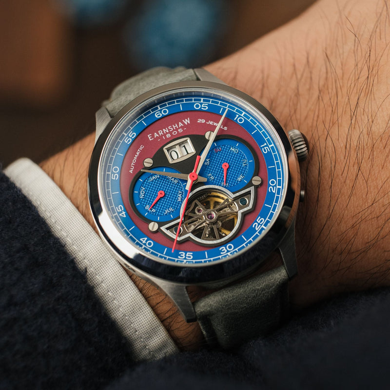 Baron Grand Date Calendar Open Heart Automatic Red / Green Leather | Red Dial