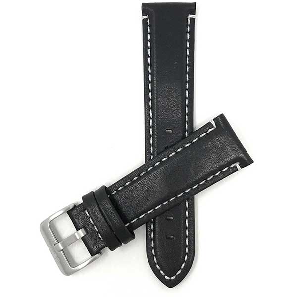 850s | 24mm Black Mens Waterproof Leather Watch Straps, White Stitch 24mm / Black / Silver Buckle |  Dial