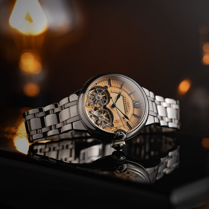 Thomas Earnshaw Barallier Dual Open Heart Automatic Gold / Stainless Steel | Gold Dial