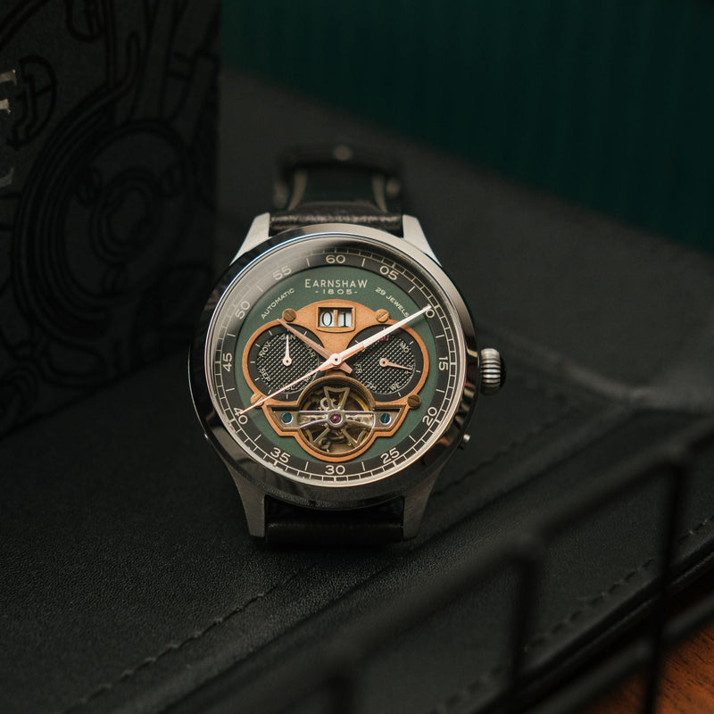 Baron Grand Date Calendar Open Heart Automatic Green / Black Leather | Green Dial