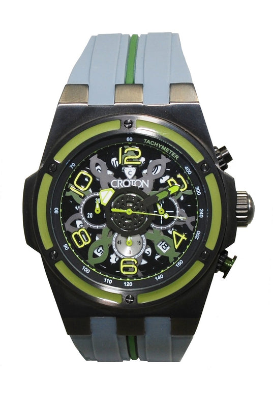 Men's Chronograph with IP Case & Silicon Strap Green/Black/Grey | Black Dial