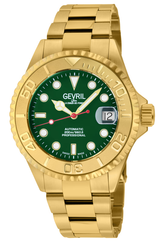 Wall Street Gevril Swiss Made SW200 IPYG Steel Rotating Bezel watch, Gold bezel, Green dial | Green Dial