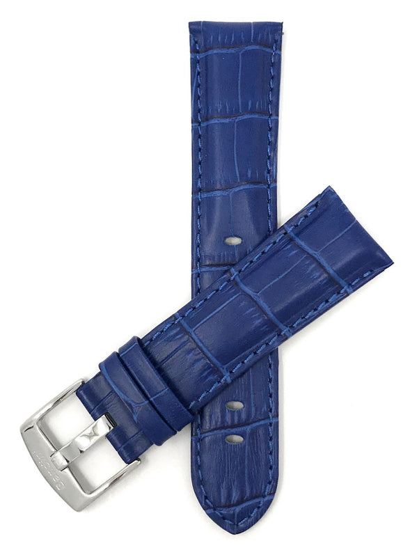 Bandini 22mm Blue Italian Leather Watch Band - Alligator Pattern - Semi-Padded 22mm / Blue / Silver Buckle |  Dial
