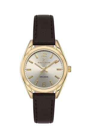 Easy Read Womens Watch, Leather Band - DK13690 Gold / Brown Beige Dial