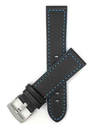 506 | 24mm Black / Blue Italian Leather Watch Band - Racer - Padded 24mm / Black / Blue / Silver Buckle |  Dial