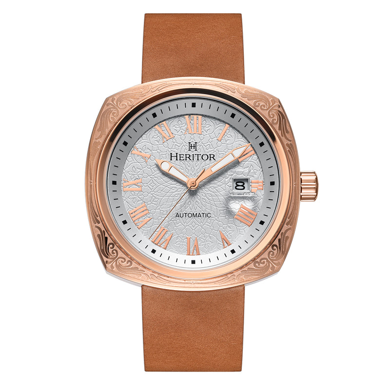 Davenport Engraved-Case Leather-Band Watch w/ Date Rose Gold/Light Brown | Silver Dial