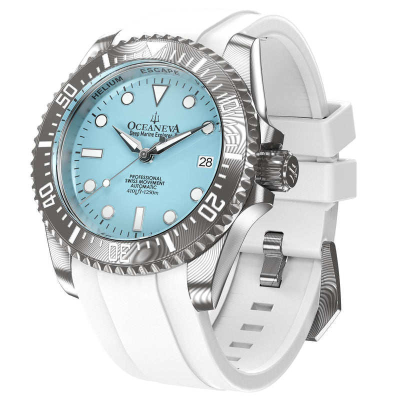 Damascus Swiss Automatic SW200 Deep Marine Explorer II Damascus/Light Blue Dial/White Strap | Light-blue Dial