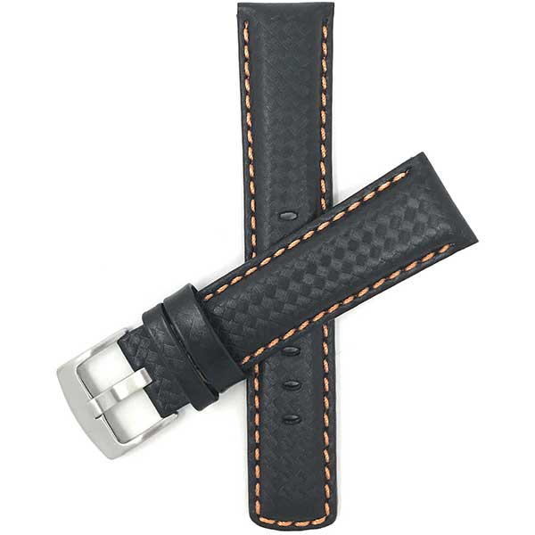 530 | 20mm Black and Orange Mens Leather Carbon Fiber Pattern Watch Band 20mm / Black and Orange / Silver Buckle |  Dial