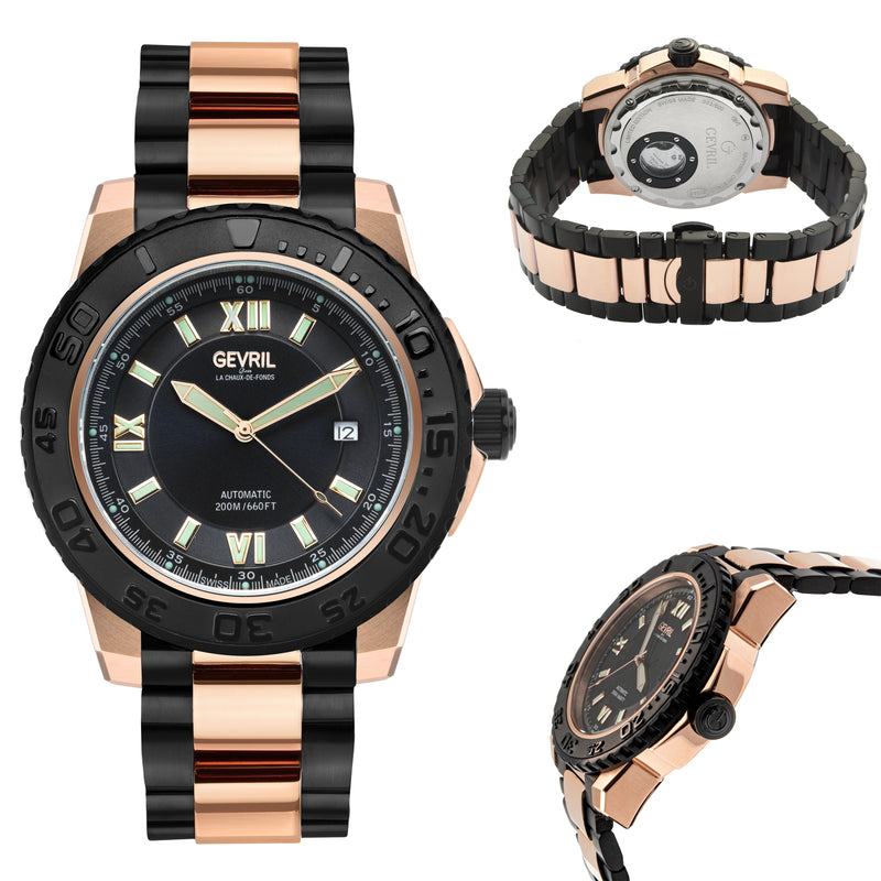 Seacloud Gevril Two Tone Rose Gold Tone Black PVD Black Dial Luminous Hands Swiss Made Automatic Bracelet Date Watch | Black Dial