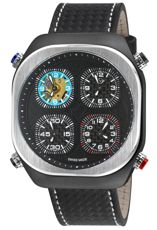 Quattro Zone GV2 Swiss Quartz, 316L Black Case, Silver Bezel, Black dial, Sub Dials, Black Italian Leather Strap | Black Dial