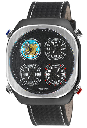 Quattro Zone GV2 Swiss Quartz, 316L Black Case, Silver Bezel, Black dial, Sub Dials, Black Italian Leather Strap | Black Dial