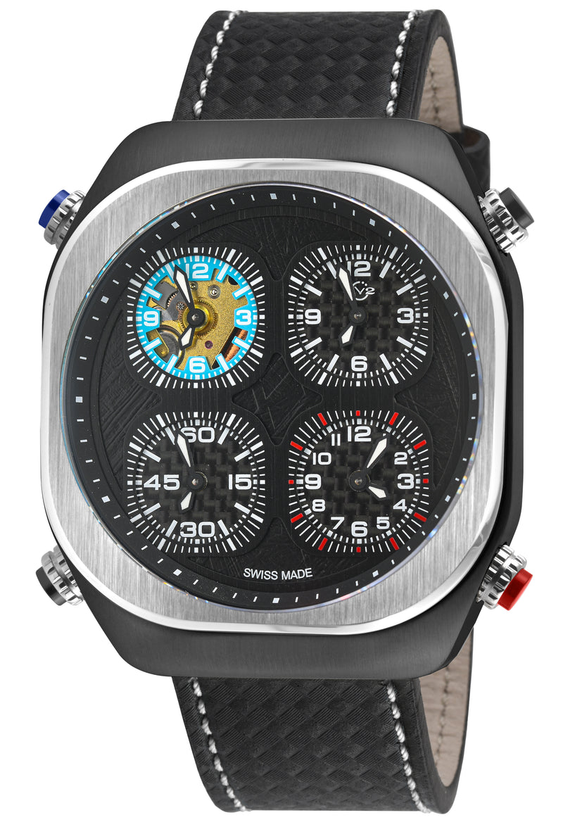 Quattro Zone GV2 Swiss Quartz, 316L Black Case, Silver Bezel, Black dial, Sub Dials, Black Italian Leather Strap | Black Dial