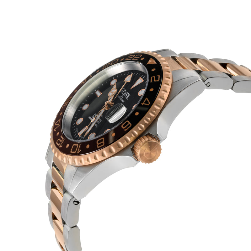 Wall Street Gevril Swiss Made SW330 Steel Rotating Bezel watch, Two ton IPRG, Rose Gold bezel, Black dial | Black Dial