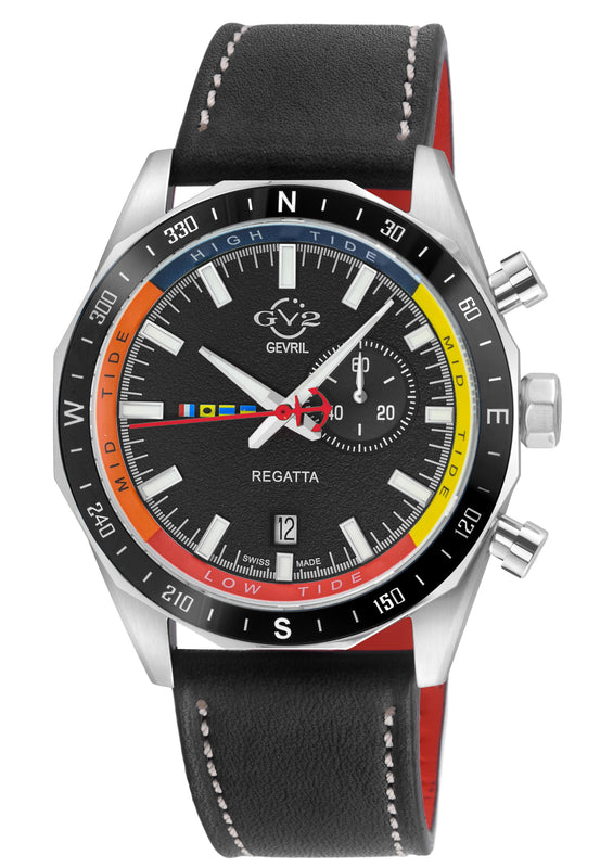 Regatta GV2 Swiss Quartz,Tide cycle indicator, Black dial, Black Italian Leather Strap | Black Dial