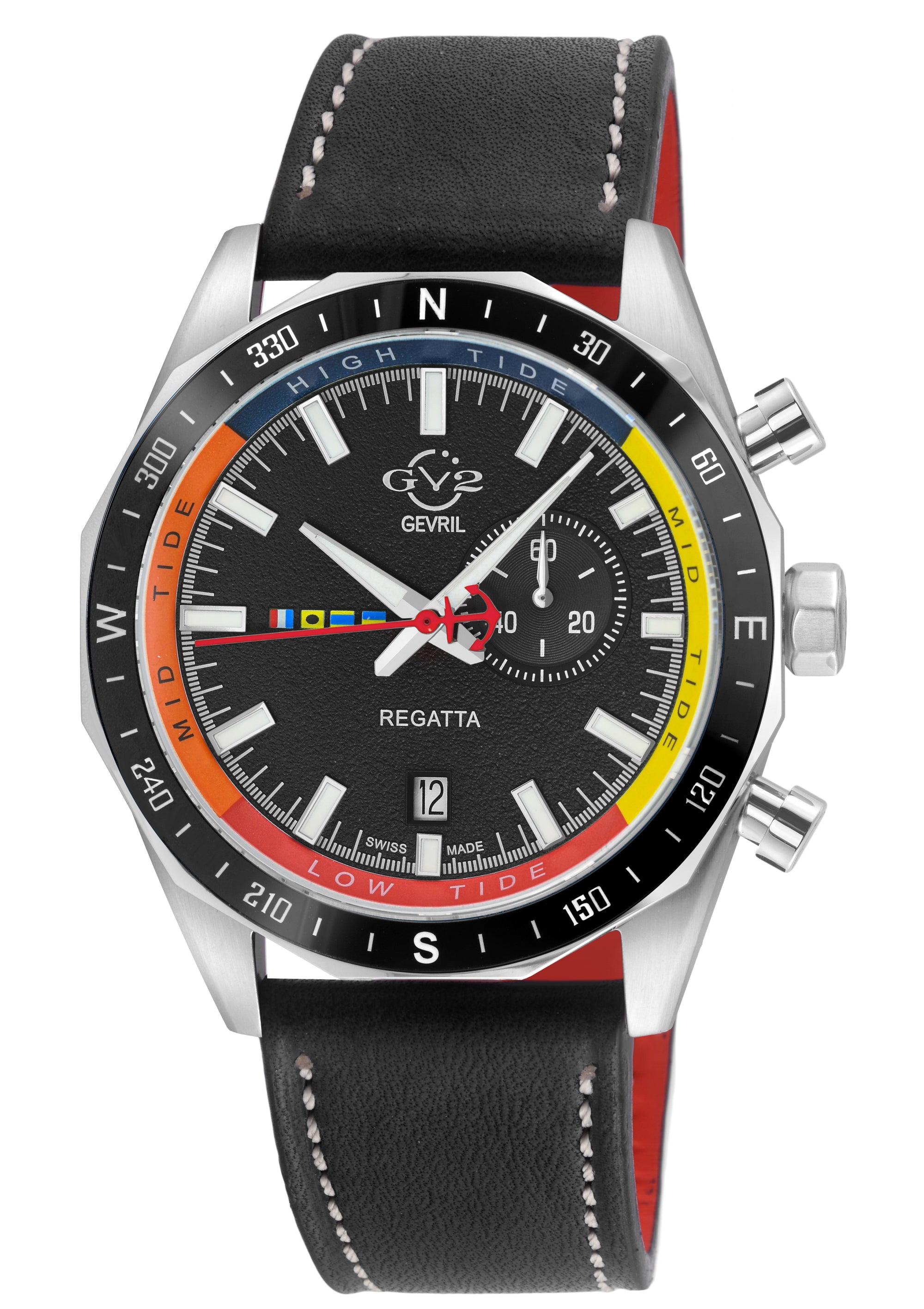 Regatta GV2 Swiss Quartz,Tide cycle indicator, Black dial, Black Italian Leather Strap | Black Dial