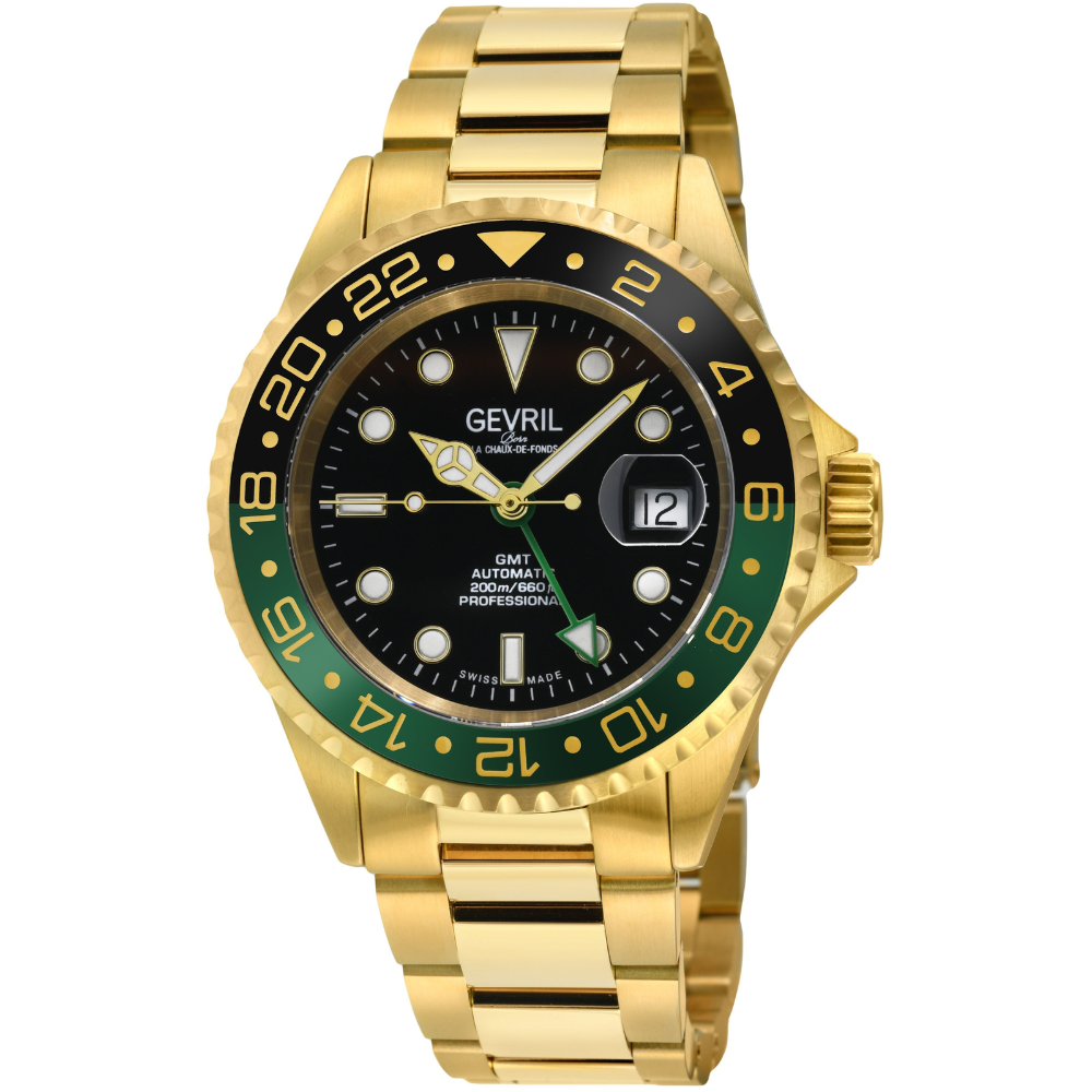 Wall Street Gevril Swiss Made SW330 IPYG Steel Rotating Bezel watch, Gold bezel, Black dial | Black Dial