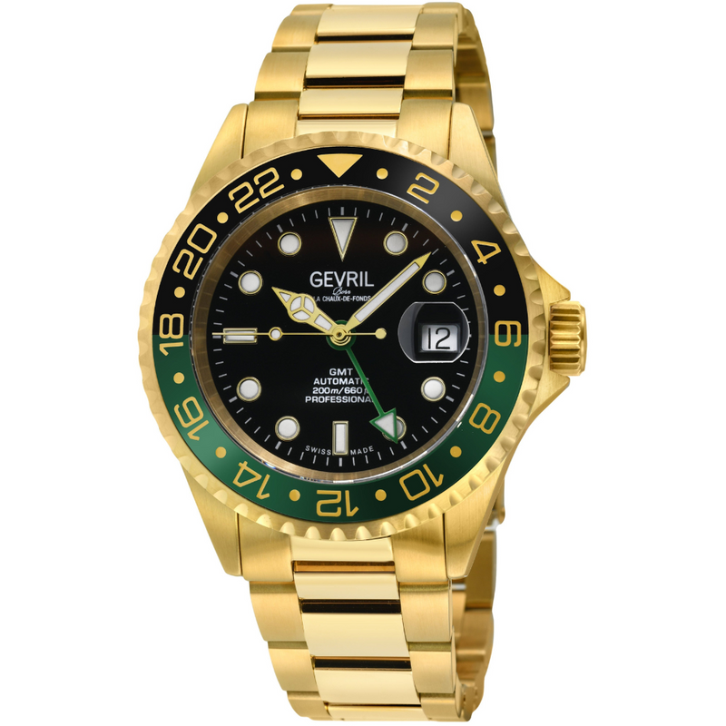 Wall Street Gevril Swiss Made SW330 IPYG Steel Rotating Bezel watch, Gold bezel, Black dial | Black Dial
