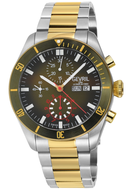 Yorkville - Chronograph Gevril Yorkville Swiss Automatic Chronograph  Watch, SS Case, Green/Gold bezel, Green Dial, SS/IPYG Bracelet. | Green Dial