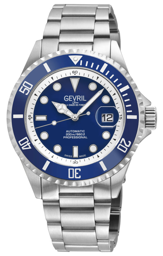 Wall Street Gevril Swiss Made SW200-1 Steel Rotating Blue Ceramic Bezel , 316L case, Blue Dial Blue Dial