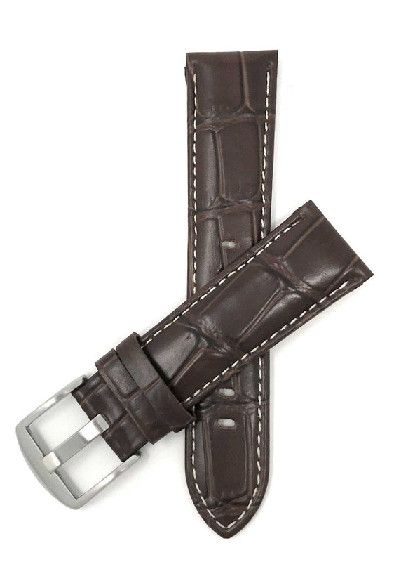Bandini 24mm Brown Italian Leather Watch Band - Crocodile Pattern - White Stitch -  Semi-Padded 24mm / Brown / Silver Buckle |  Dial