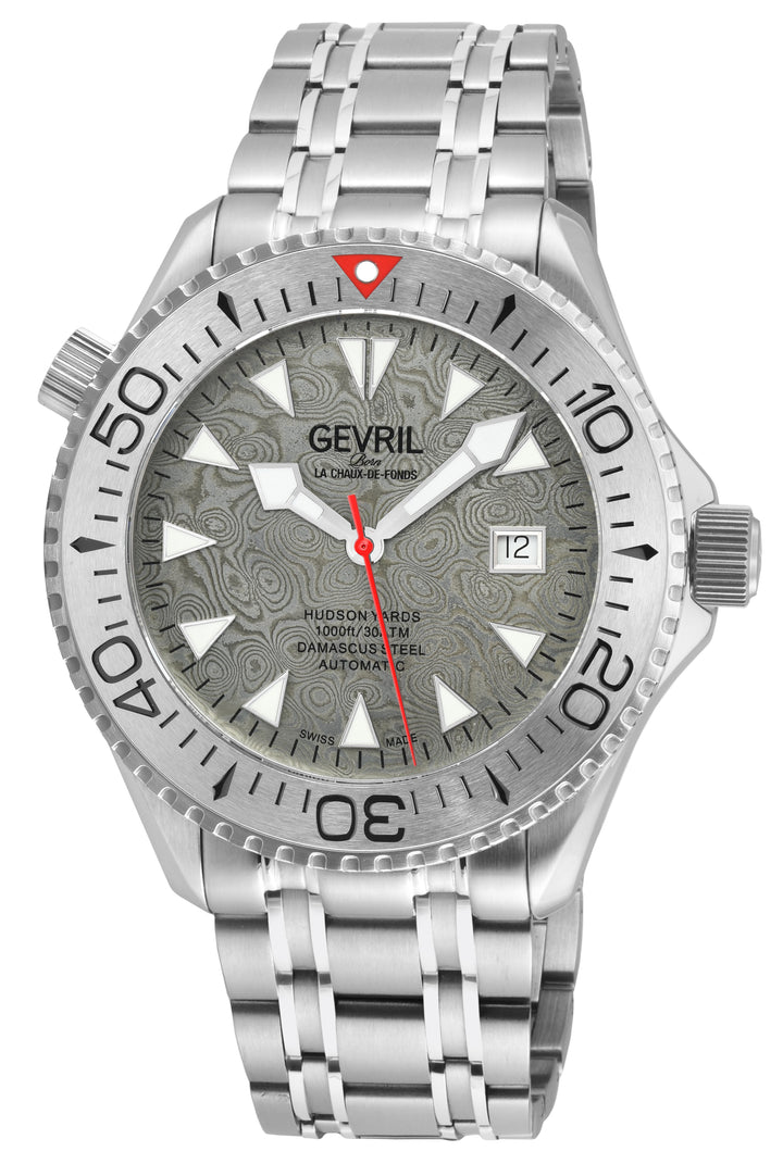 Hudson Yards -Damascus Swiss Automatic SW200-1 - Damascus Steel Gray Dial,  Unidirectional Rotating Bezel Gray Tungsten, 316L | Silver Dial
