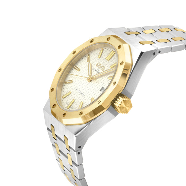 Gotham Swiss Automatic Movement, Silver/White Embossed Dial, Two tones SS/IPYG Bracelet | White Dial