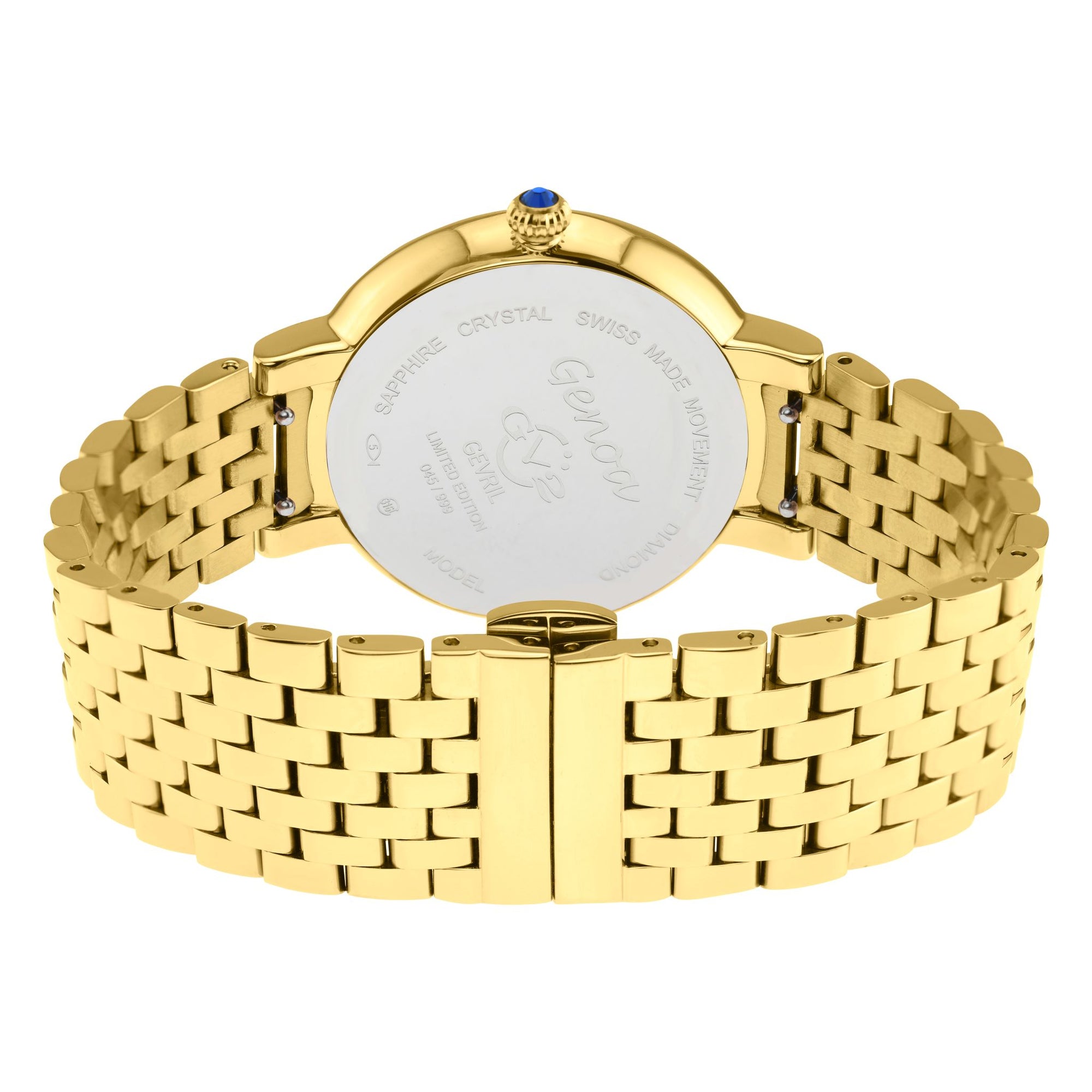 Genoa GV2 Women's Diamond Swiss Quartz Watch, White MOP dial, Diamond Cut Bezel, 8 Diamonds on Dial, IP Gold Bracelet | White Dial
