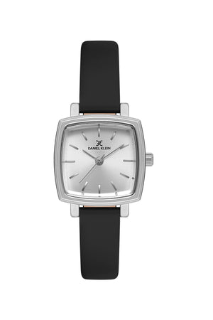 23mm Womens Petite Square Leather Watch - DK13727 Silver / Black