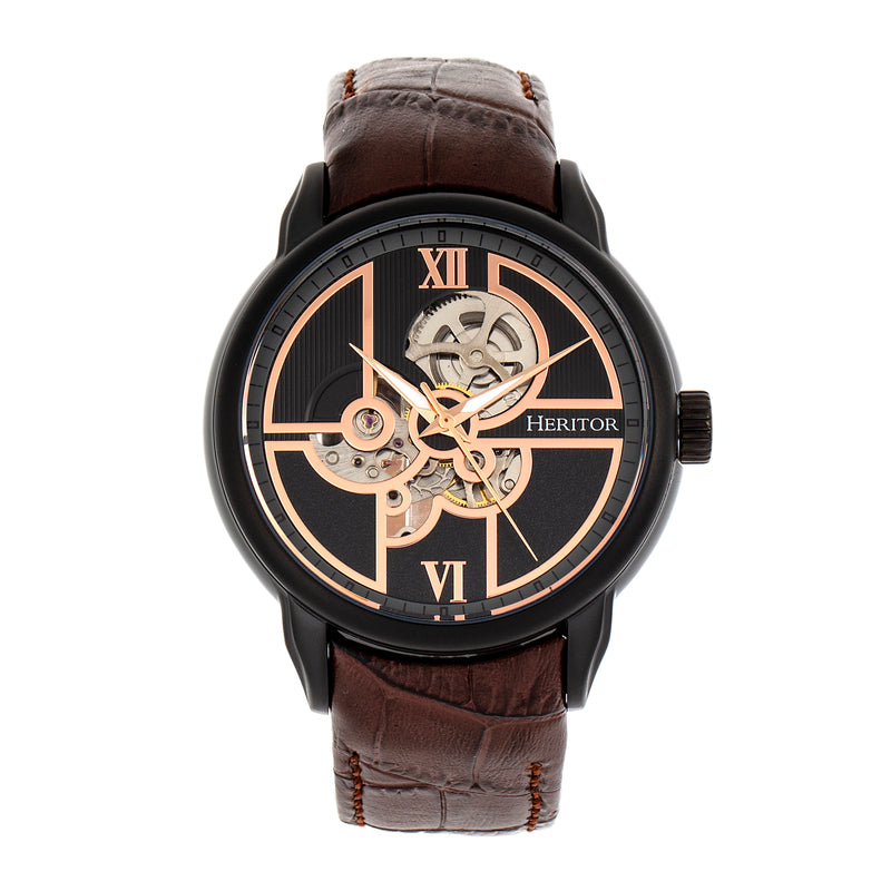 Automatic Sanford Semi-Skeleton Leather-Band Watch Black/Brown | Black Dial