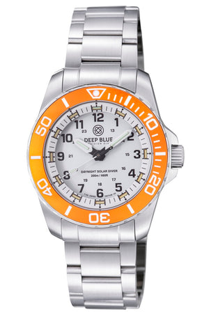 DAYNIGHT 43MM DIVER SOLAR  STAINLESS STEEL TRITIUM DAYNIGHT  ORANGE/WHITE BEZEL –WHITE DIAL CUSTOM FIT BRACELET White Dial