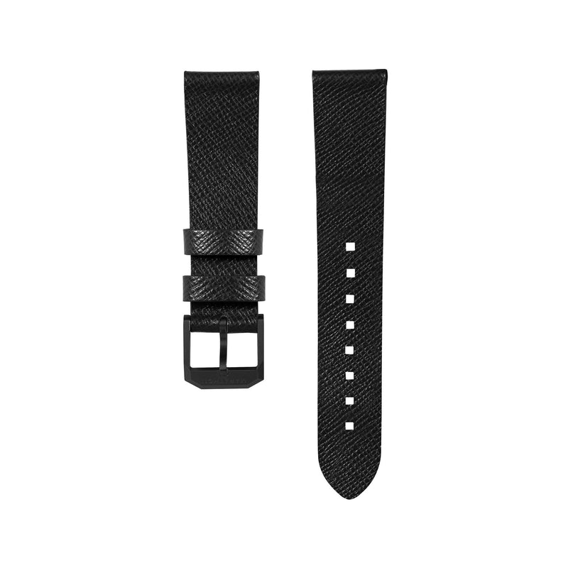 STRAP, 20mm, ITALIAN LEATHER, CROSS HATCH, IP BLACK BUCKLE, BLACK, STANDARD ITALIAN LEATHER, CROSS HATCH
