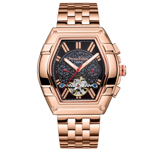 Knight Exhibition Automatic Black Open Exhibition Dial Rose Gold Stainless Steel Bracelet 45mm Black Dial