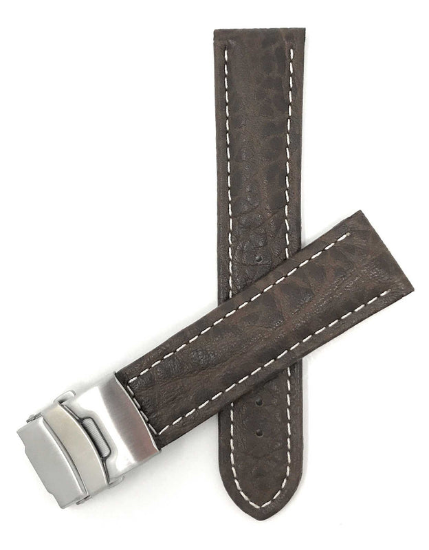 Bandini 22mm Brown Italian Leather Watch Band - Deployment Clasp - Semi-Padded 22mm / Brown / Silver Buckle |  Dial