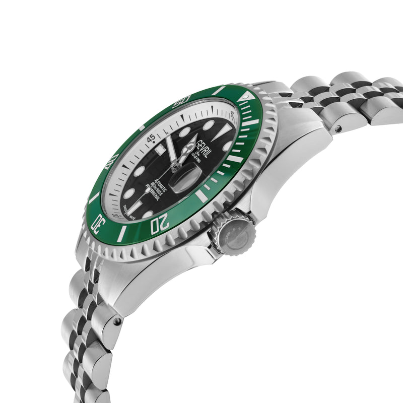 Wall Street Gevril Swiss Made SW200-1 Steel Rotating Green Ceramic Bezel , 316L case, Black Dial | Black Dial