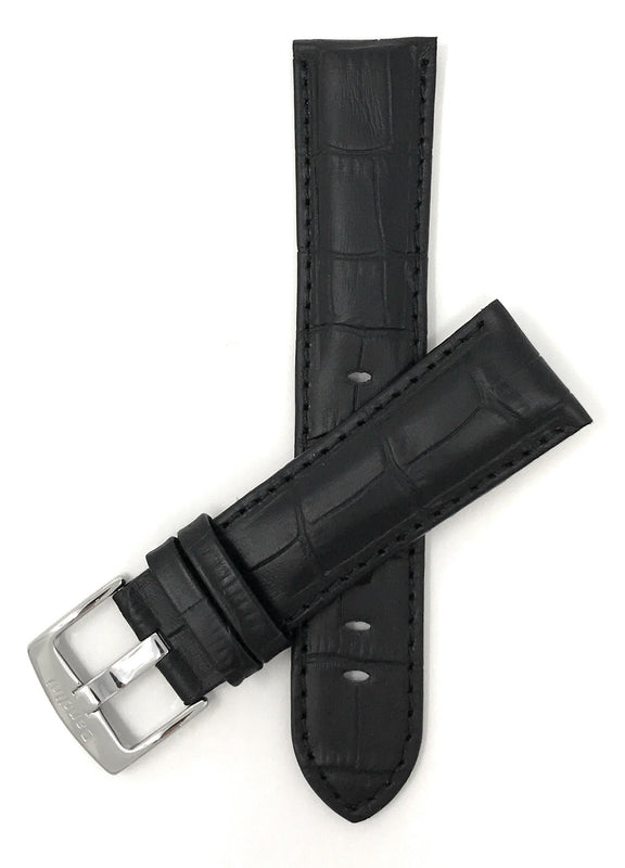 Bandini 20mm Black Italian Leather Watch Band - Alligator Pattern, Semi-Padded 20mm / Black / Silver Buckle |  Dial