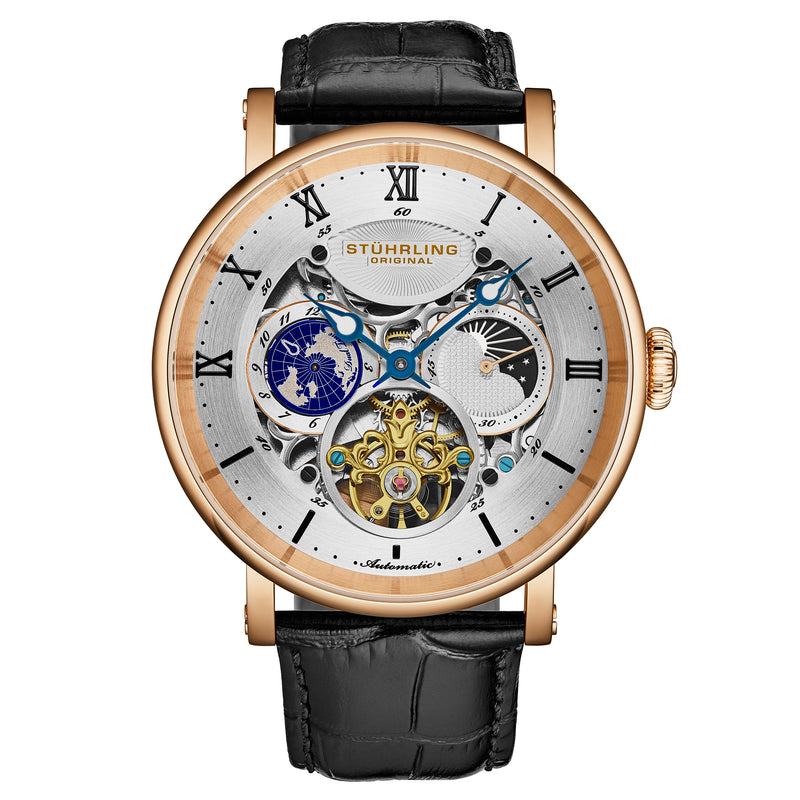 Dual Time Automatic Majestic 47mm Skeleton Rose/Black | Silver Dial